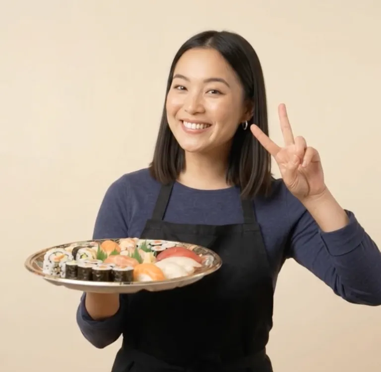 Lächelnde Mitarbeiterin der Bento Boutique in blauem Oberteil und schwarzer Schürze, die eine runde Platte mit Maki, Nigiri und Sashimi trägt und mit der freien Hand das Victory-Zeichen macht
