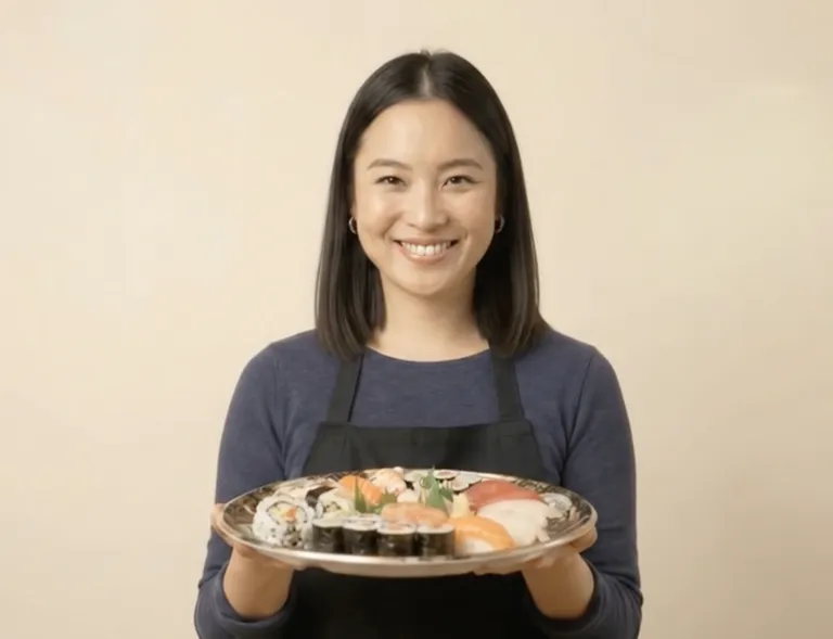 Lächelnde Mitarbeiterin der Bento Boutique in blauem Oberteil und schwarzer Schürze, die mit beiden Händen eine runde Platte mit Maki, Nigiri und Sashimi präsentiert