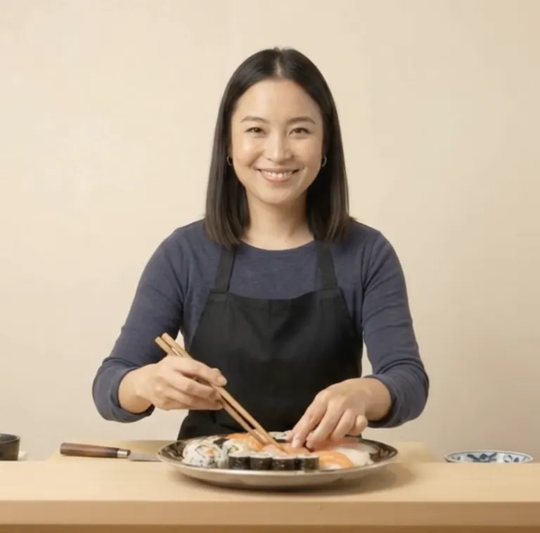 Lächelnde Mitarbeiterin der Bento Boutique in blauem Oberteil und schwarzer Schürze, die mit Stäbchen Maki und Nigiri auf einer runden Metallplatte anrichtet